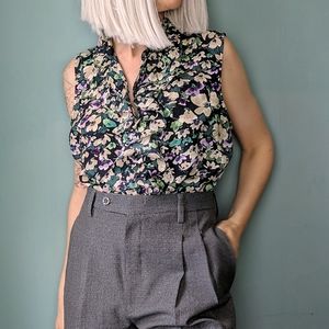 LOFT Dark Floral Print Ruffle Sleeveless Blouse